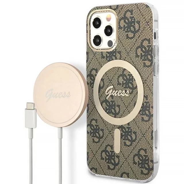 Чехол с зарядным устройством Guess 4G Print + Charger Set для iPhone 12 | 12 Pro Brown with MagSafe (GUBPP12MH4EACSW)