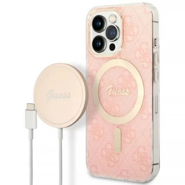 Чохол із зарядним пристроєм Guess 4G Print + Charger Set для iPhone 13 Pro Max Pink with MagSafe (GUBPP13XH4EACSP)