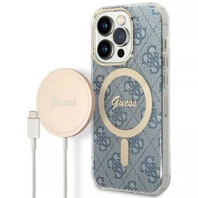 Чохол із зарядним пристроєм Guess 4G Print + Charger Set для iPhone 14 Pro Blue with MagSafe (GUBPP14LH4EACSB)