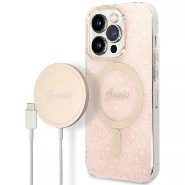 Чохол із зарядним пристроєм Guess 4G Print + Charger Set для iPhone 14 Pro Pink with MagSafe (GUBPP14LH4EACSP)