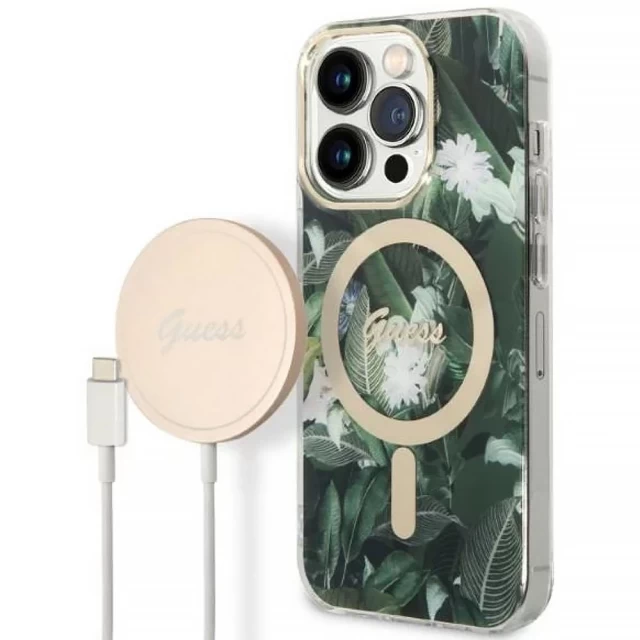 Чехол с зарядным устройством Guess Jungle + Charger Set для iPhone 14 Pro Max Green with MagSafe (GUBPP14XHJEACSA)