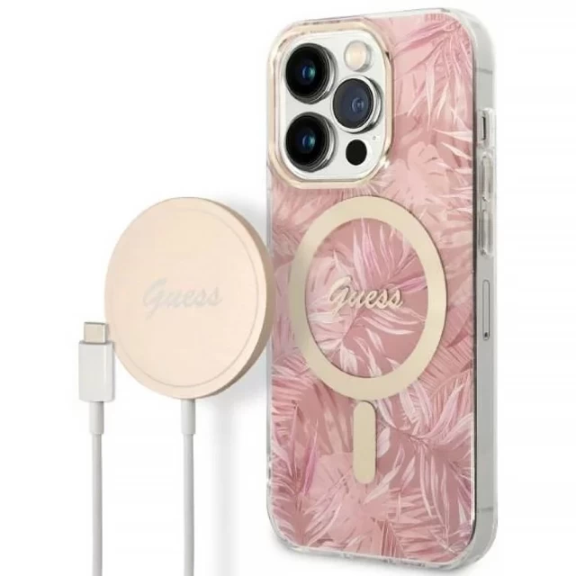 Чохол із зарядним пристроєм Guess Jungle + Charger Set для iPhone 14 Pro Max Pink with MagSafe (GUBPP14XHJEACSP)