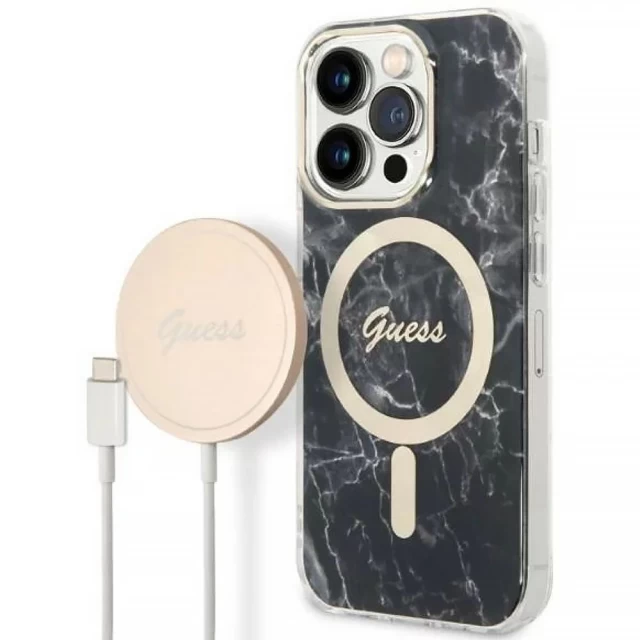 Чехол с зарядным устройством Guess Marble + Charger Set для iPhone 14 Pro Max Black with MagSafe (GUBPP14XHMEACSK)