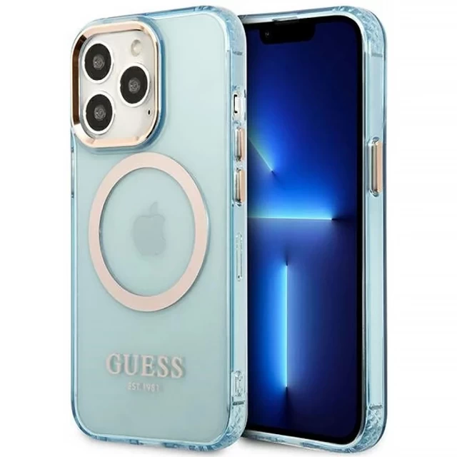 Чехол Guess Gold Outline Translucent для iPhone 13 Pro Max Blue with MagSafe (GUHMP13XHTCMB)