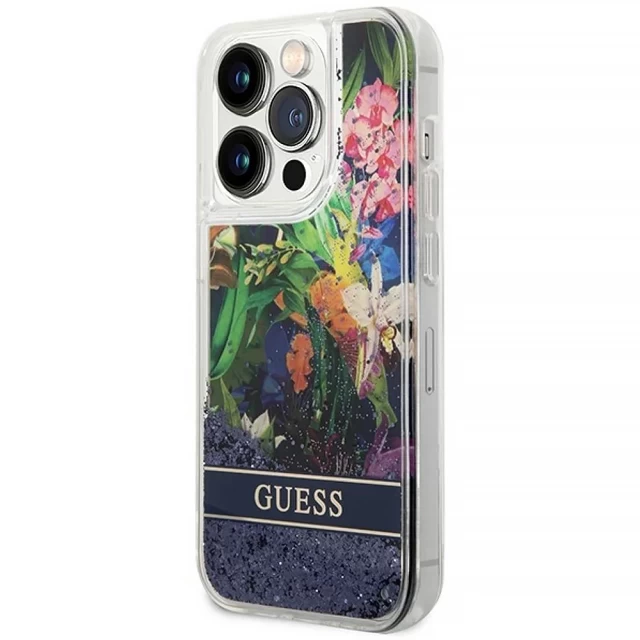 Чохол Guess Flower Liquid Glitter для iPhone 14 Pro Max Blue (GUHCP14XLFLSB)
