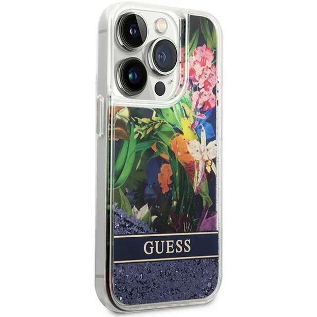 Чохол Guess Flower Liquid Glitter для iPhone 14 Pro Max Blue (GUHCP14XLFLSB)