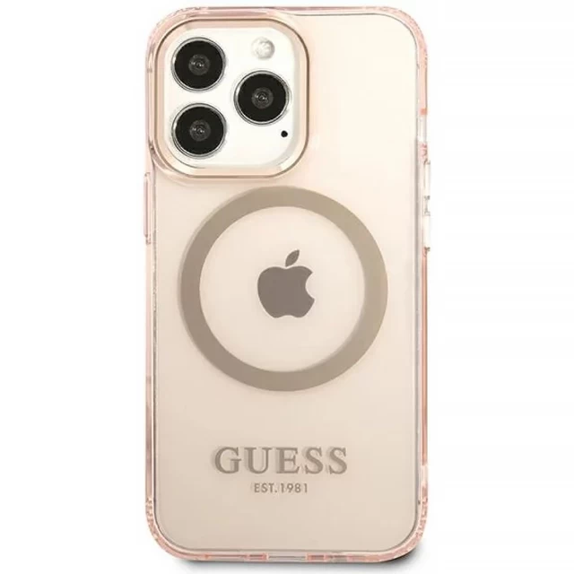 Чехол Guess Gold Outline Translucent для iPhone 13 Pro Pink with MagSafe (GUHMP13LHTCMP)