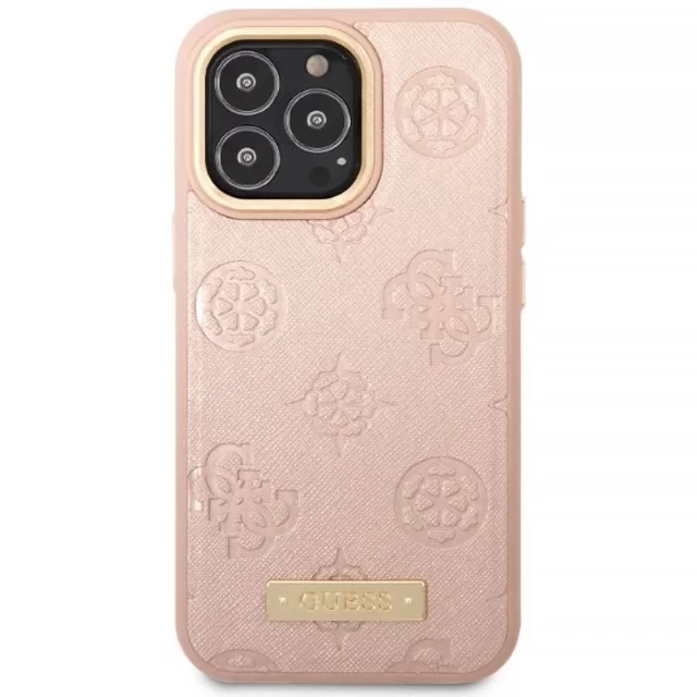 Чехол Guess Peony Logo Plate для iPhone 13 Pro Pink with MagSafe (GUHMP13LSAPSTP)