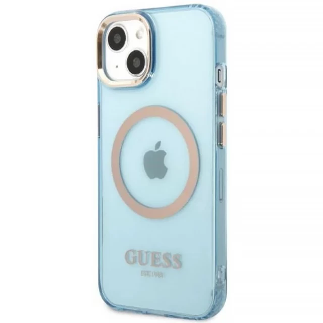 Чехол Guess Gold Outline Translucent для iPhone 13 Blue with MagSafe (GUHMP13MHTCMB)