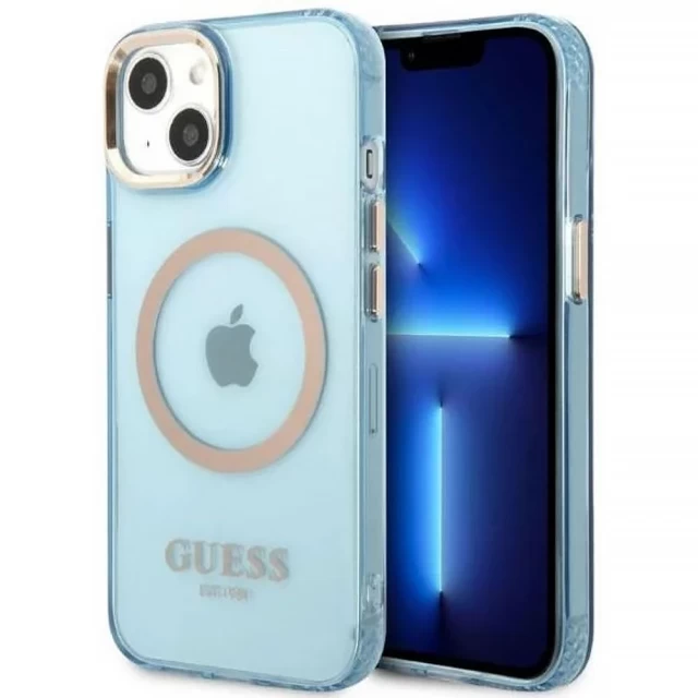 Чехол Guess Gold Outline Translucent для iPhone 13 Blue with MagSafe (GUHMP13MHTCMB)