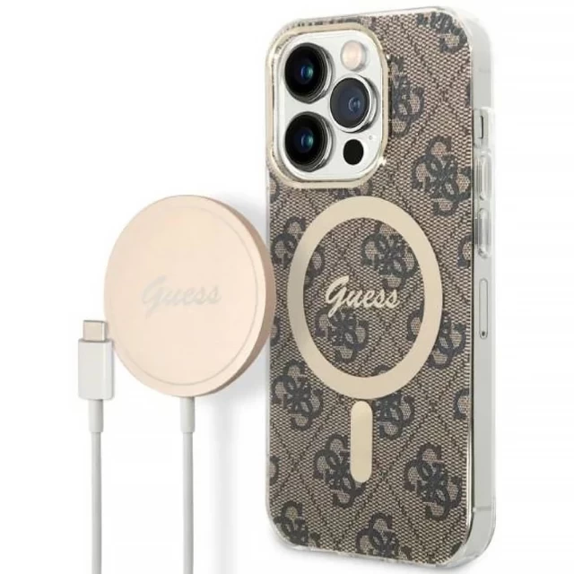 Чохол із зарядним пристроєм Guess 4G Print + Charger Set для iPhone 14 Pro Brown with MagSafe (GUBPP14LH4EACSW)
