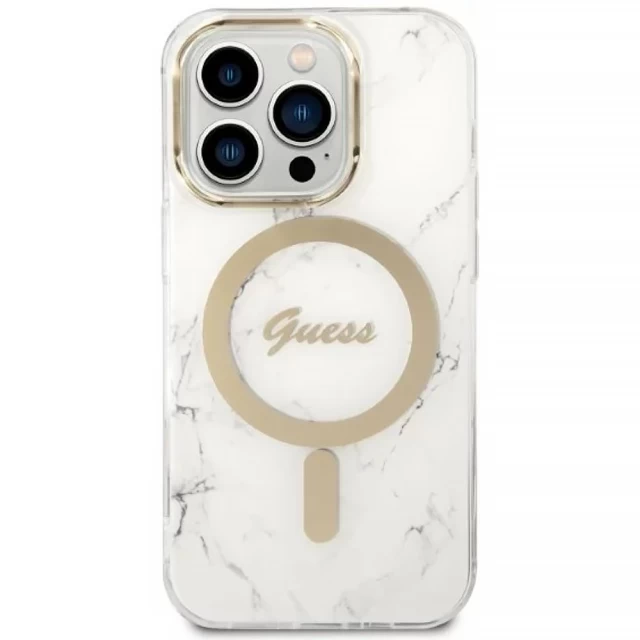 Чохол із зарядним пристроєм Guess Marble + Charger Set для iPhone 14 Pro White with MagSafe (GUBPP14LHMEACSH)