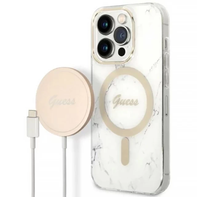 Чехол с зарядным устройством Guess Marble + Charger Set для iPhone 14 Pro White with MagSafe (GUBPP14LHMEACSH)