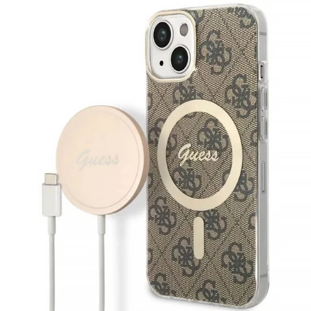 Чохол із зарядним пристроєм Guess 4G Print + Charger Set для iPhone 14 Plus Brown with MagSafe (GUBPP14MH4EACSW)