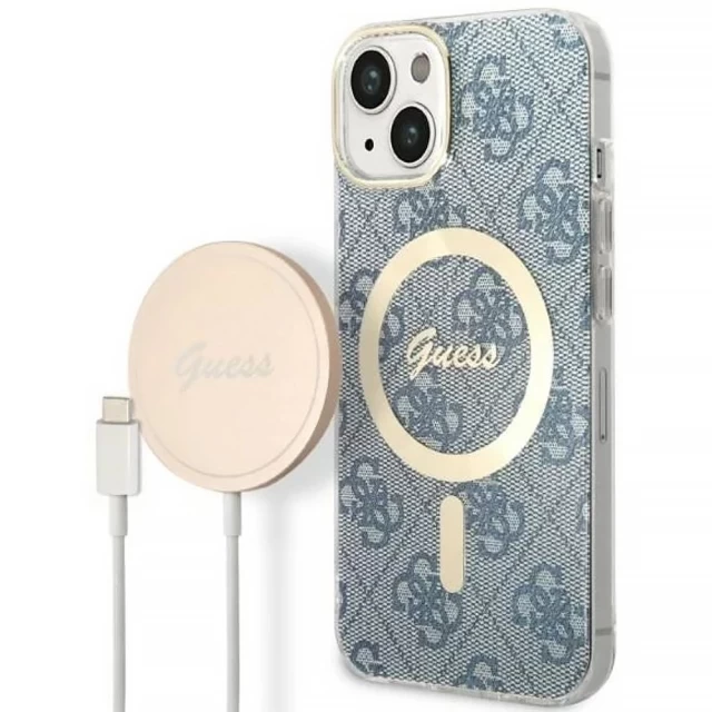 Чехол с зарядным устройством Guess 4G Print + Charger Set для iPhone 14 Blue with MagSafe (GUBPP14SH4EACSB)