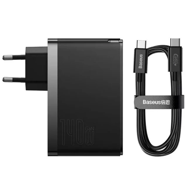 Мережевий зарядний пристрій Baseus GaN5 Pro 140W 2xUSB-C | USB-A with USB-C to USB-C Cable Black (CCGP100201)