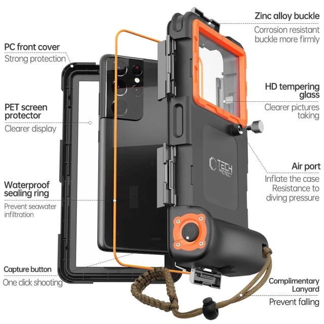 Водонепроницаемый чехол Tech-Protect IPX8 Universal Diving Waterproof Case Black Orange (5906302310234)