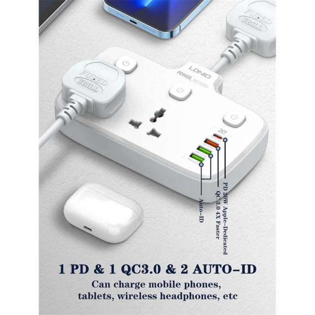 Сетевой удлинитель LDNIO Portable Electrical Extension Socket QC/PD 20W USB-C | 3xUSB-A | 2x250V White (SC2413 EU)
