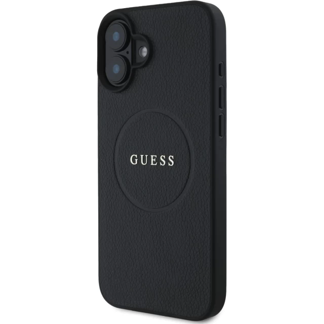 Чехол Guess Grained Gold Ring для iPhone 16 Black with MagSafe (GUHMP16SPGHSMMK)