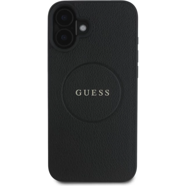 Чехол Guess Grained Gold Ring для iPhone 16 Black with MagSafe (GUHMP16SPGHSMMK)