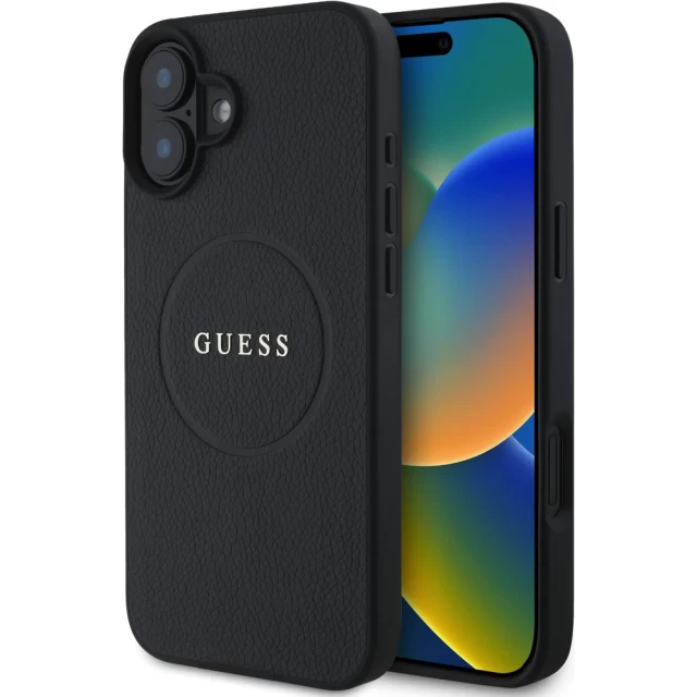 Чехол Guess Grained Gold Ring для iPhone 16 Black with MagSafe (GUHMP16SPGHSMMK)