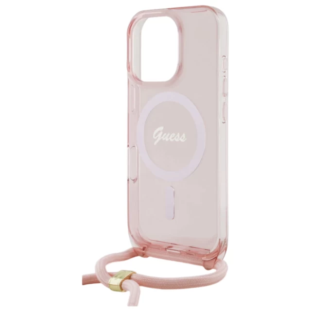 Чохол Guess Crossbody Cord Script для iPhone 16 Pro Pink with MagSafe (GUHMP16LHCTSGNSP)