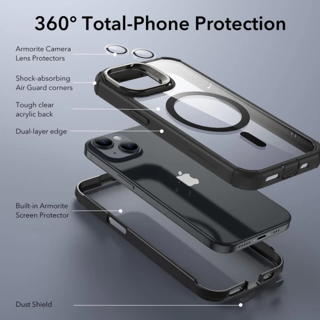 Чохол ESR Armor Tough Kickstand Halolock для iPhone 15 Black Clear with MagSafe (4894240176597)