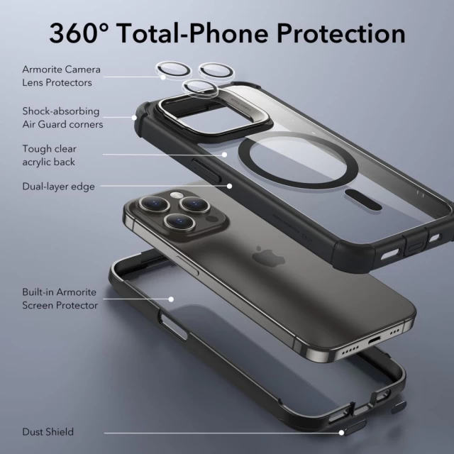 Чехол ESR Armor Tough Kickstand Halolock для iPhone 15 Pro Black Clear with MagSafe (4894240176634)
