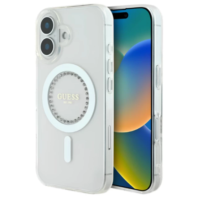 Чехол Guess IML Rhinestones для iPhone 16 Plus White with MagSafe (GUHMP16MPFTDTEH)