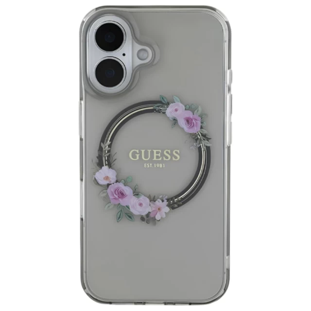 Чехол Guess IML Flowers Wreath для iPhone 16 Black with MagSafe (GUHMP16SHFWFCK)