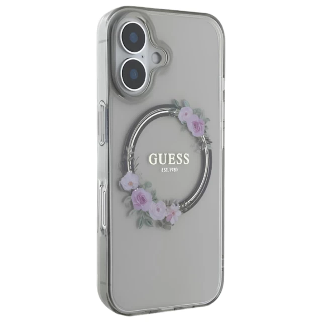 Чехол Guess IML Flowers Wreath для iPhone 16 Black with MagSafe (GUHMP16SHFWFCK)