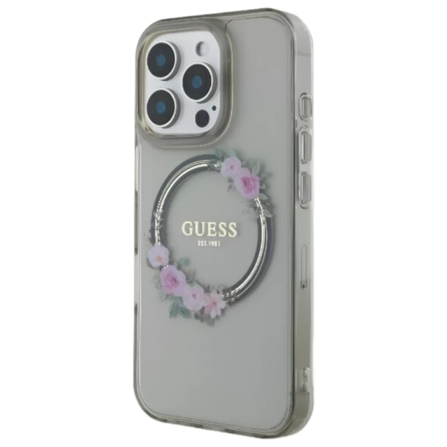 Чехол Guess IML Flowers Wreath для iPhone 16 Pro Black with MagSafe (GUHMP16LHFWFCK)