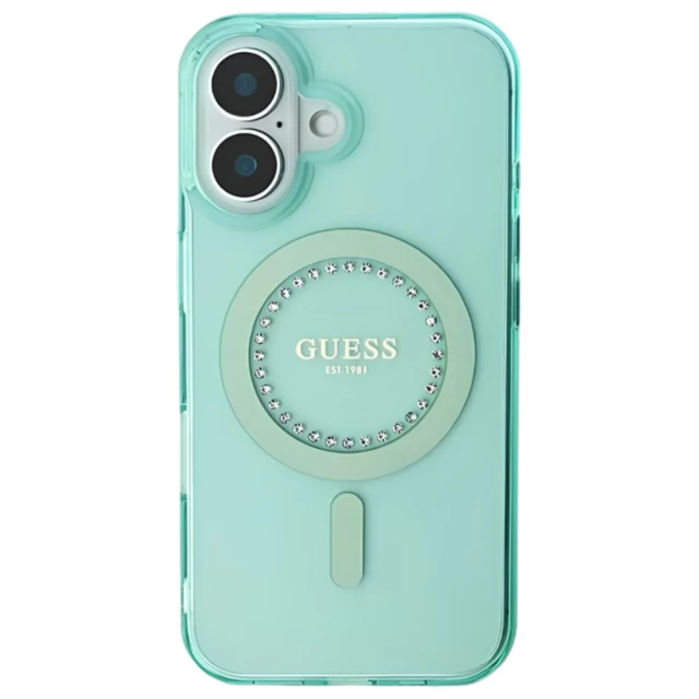 Чехол Guess IML Rhinestones для iPhone 16 Plus Green with MagSafe (GUHMP16MPFTDTEN)