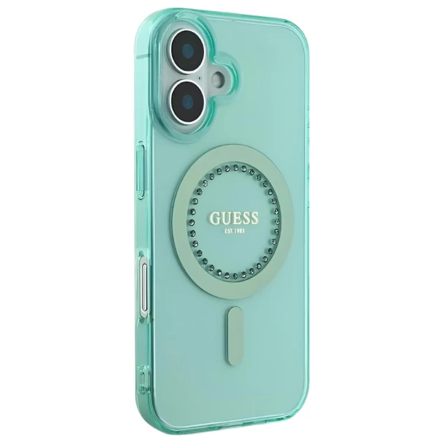 Чехол Guess IML Rhinestones для iPhone 16 Plus Green with MagSafe (GUHMP16MPFTDTEN)