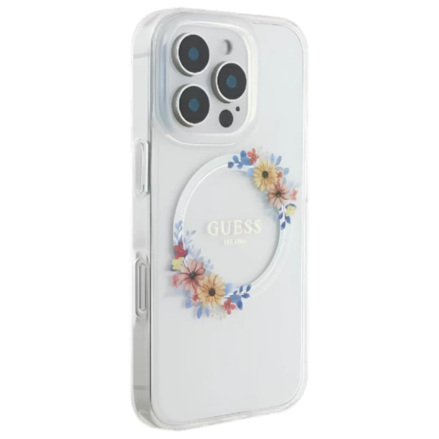 Чехол Guess IML Flowers Wreath для iPhone 16 Transparent with MagSafe (GUHMP16SHFWFCT)