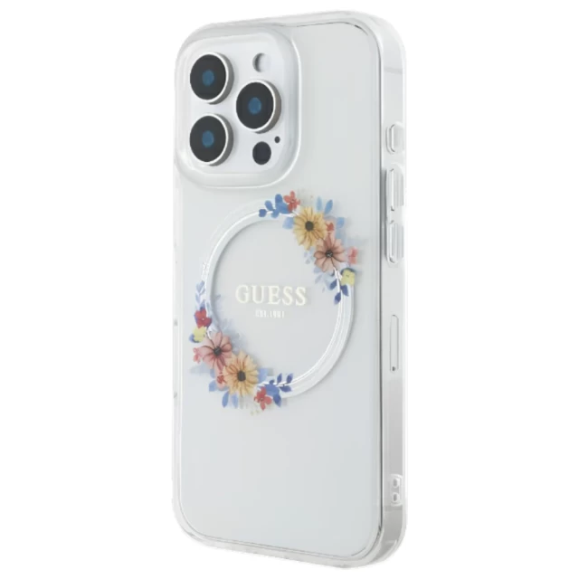 Чехол Guess IML Flowers Wreath для iPhone 16 Transparent with MagSafe (GUHMP16SHFWFCT)