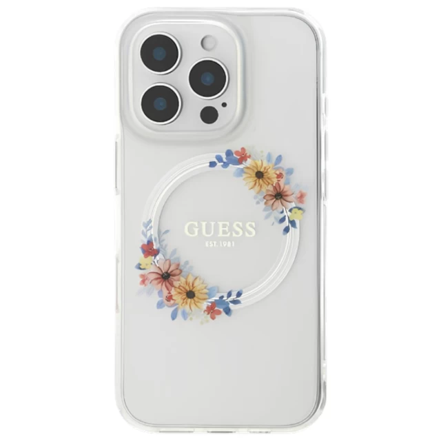 Чехол Guess IML Flowers Wreath для iPhone 16 Pro Transparent with MagSafe (GUHMP16LHFWFCT)