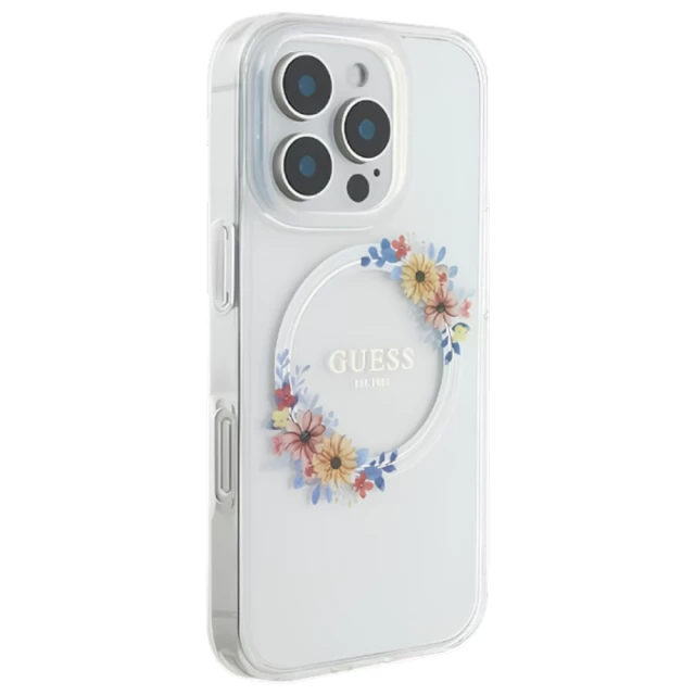 Чехол Guess IML Flowers Wreath для iPhone 16 Pro Transparent with MagSafe (GUHMP16LHFWFCT)