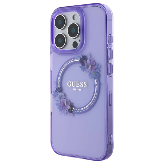 Чехол Guess IML Flowers Wreath для iPhone 16 Pro Purple with MagSafe (GUHMP16LHFWFCU)