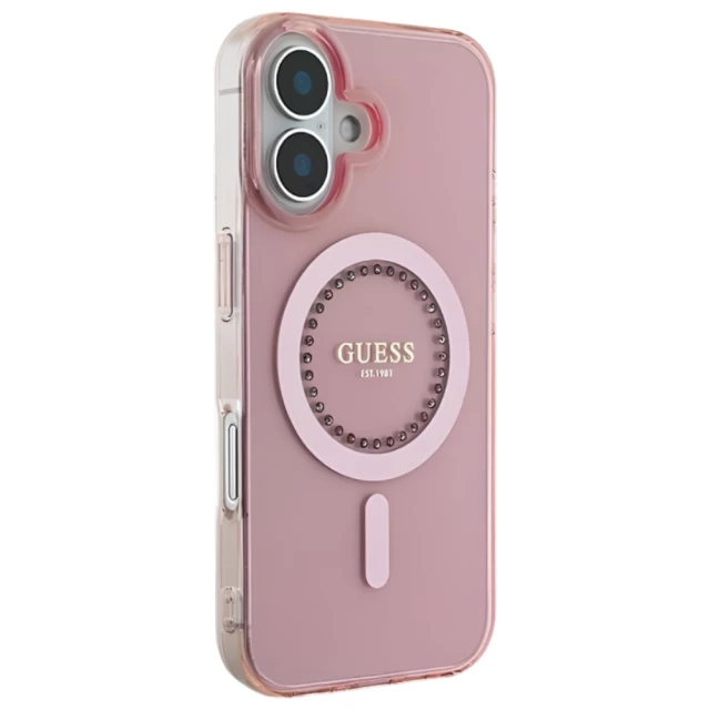 Чехол Guess IML Rhinestones для iPhone 16 Pink with MagSafe (GUHMP16SPFTDTEP)