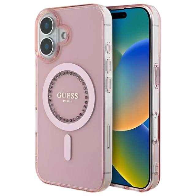 Чехол Guess IML Rhinestones для iPhone 16 Pink with MagSafe (GUHMP16SPFTDTEP)