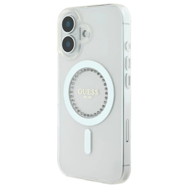 Чехол Guess IML Rhinestones для iPhone 16 White with MagSafe (GUHMP16SPFTDTEH)