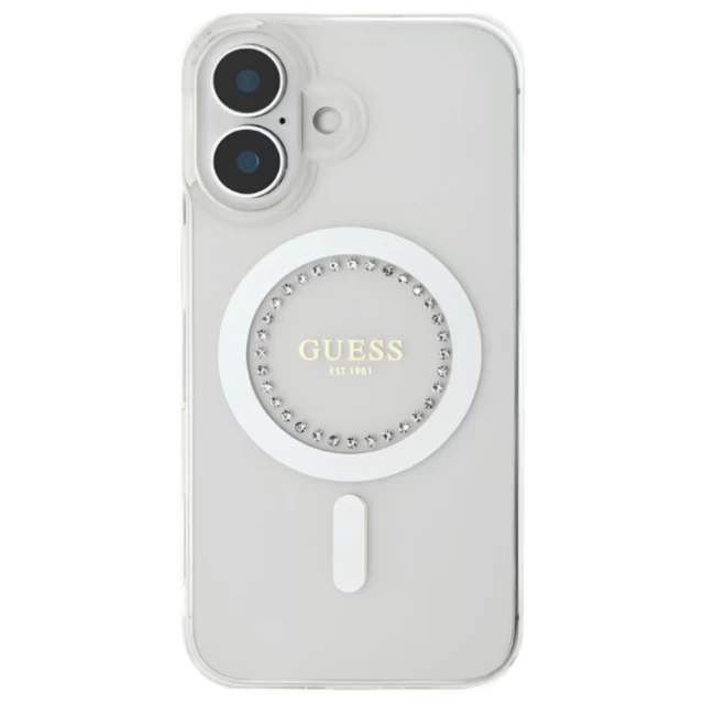 Чехол Guess IML Rhinestones для iPhone 16 White with MagSafe (GUHMP16SPFTDTEH)