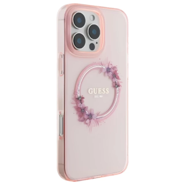 Чехол Guess IML Flowers Wreath для iPhone 16 Pro Pink with MagSafe (GUHMP16LHFWFCP)