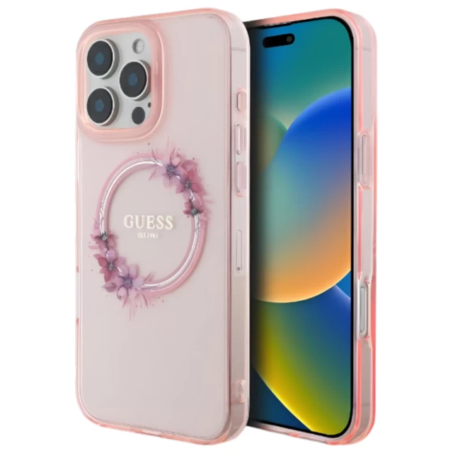 Чехол Guess IML Flowers Wreath для iPhone 16 Pro Pink with MagSafe (GUHMP16LHFWFCP)