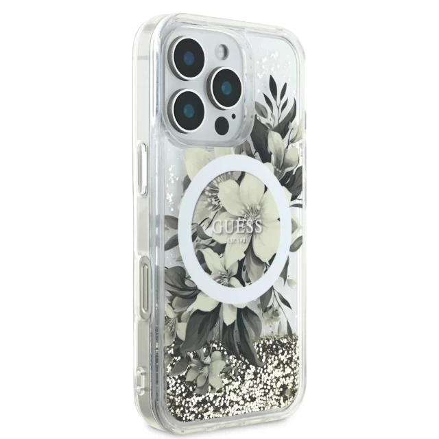 Чехол Guess Liquid Glitter Flower для iPhone 16 Pro Max Beige with MagSafe (GUHMP16XLFMWTE)