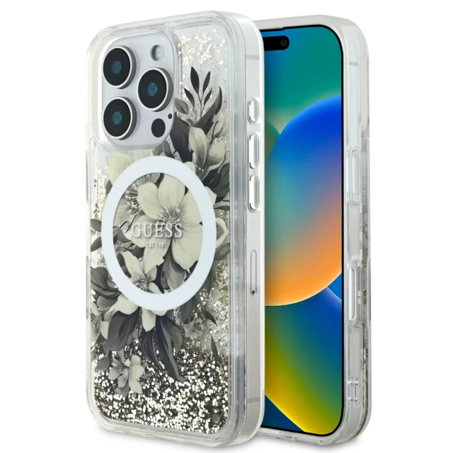 Чехол Guess Liquid Glitter Flower для iPhone 16 Pro Max Beige with MagSafe (GUHMP16XLFMWTE)