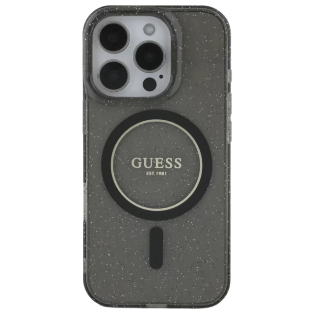 Чехол Guess IML Glitter with Pearl Strap для iPhone 16 Pro Black with MagSafe (GUHMP16LHGCRELSK)