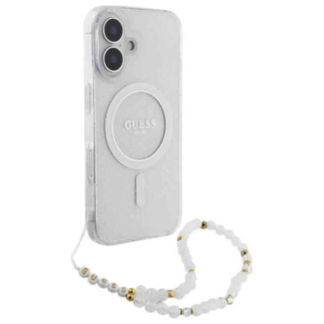 Чехол Guess IML Glitter with Pearl Strap для iPhone 16 Transparent with MagSafe (GUHMP16SHGCRELST)