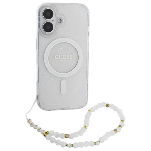 Чехол Guess IML Glitter with Pearl Strap для iPhone 16 Transparent with MagSafe (GUHMP16SHGCRELST)